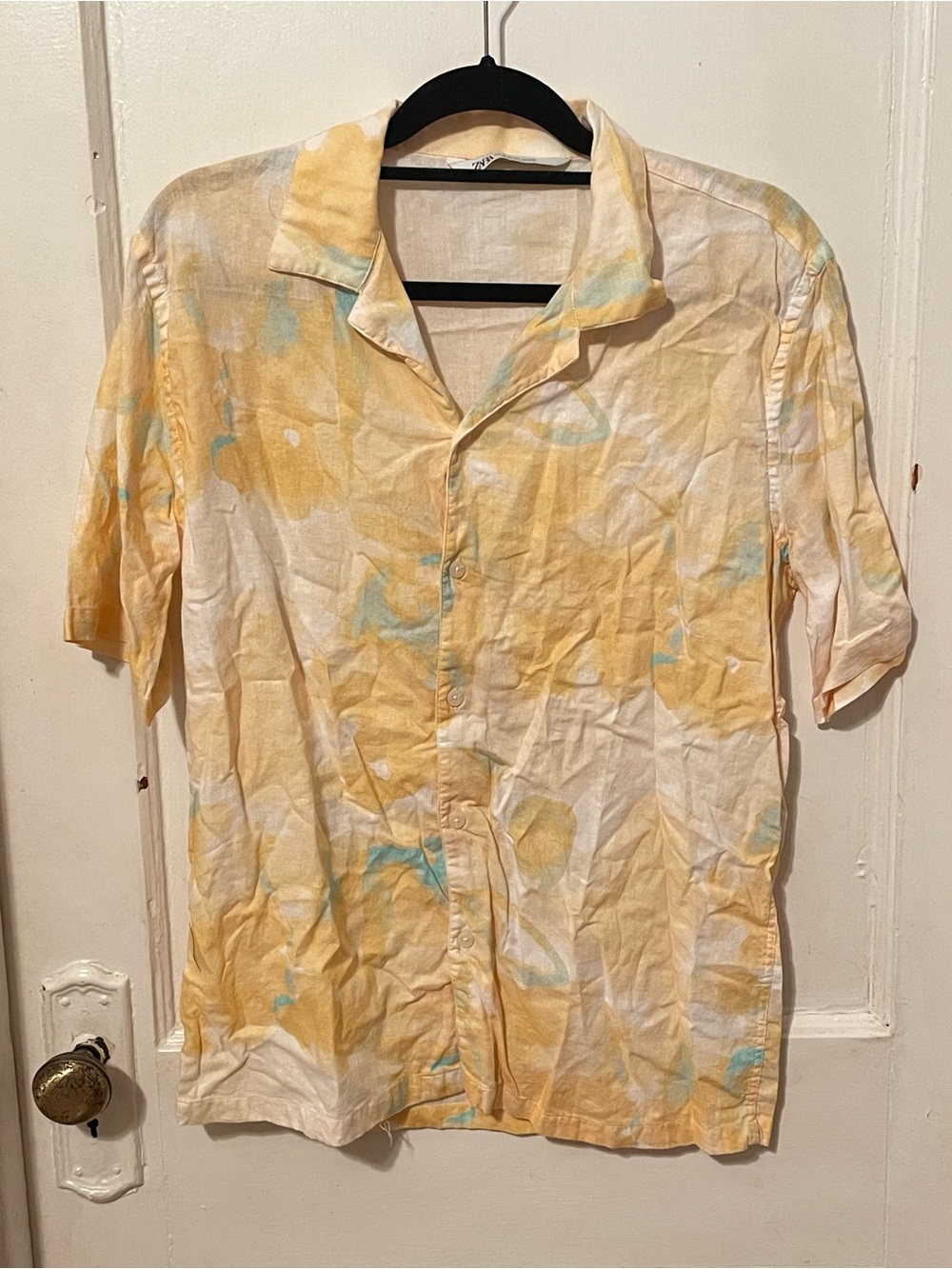 Zara Yellow and Light Blue Tie-Dye Short Sleeve Button-Down Shirt